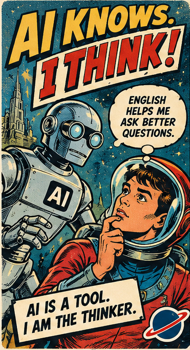Cómic retro: un robot y un estudiante; AI knows. I think!